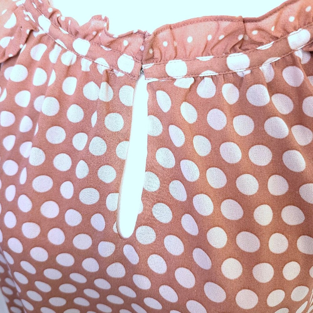 Rose + Olive | Pink Long Sleeve Ruffle Collar Polka Dot Blouse | Size Small - Picture 3 of 13